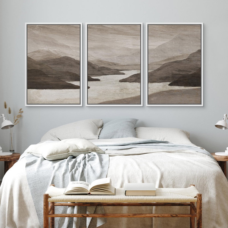 Mountain " Abstract River Flow Illustration Modern Art Decor Zen " 3 - Pieces, H 36 po x l 24 po x P 1,5 po, Blanc