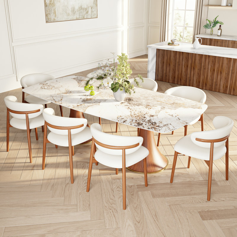 Ensemble de table de salle à manger 5 pi / 7 pièces rectangulaire, ensemble de table de salle à manger à double piédestal en bois massif avec chaises rembourrées
