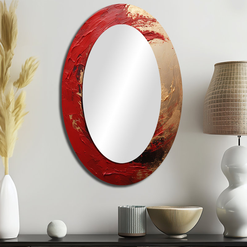 Red Gold Fusion Spiral I - Gold Modern Oval Wall Mirror, 36" x 24"