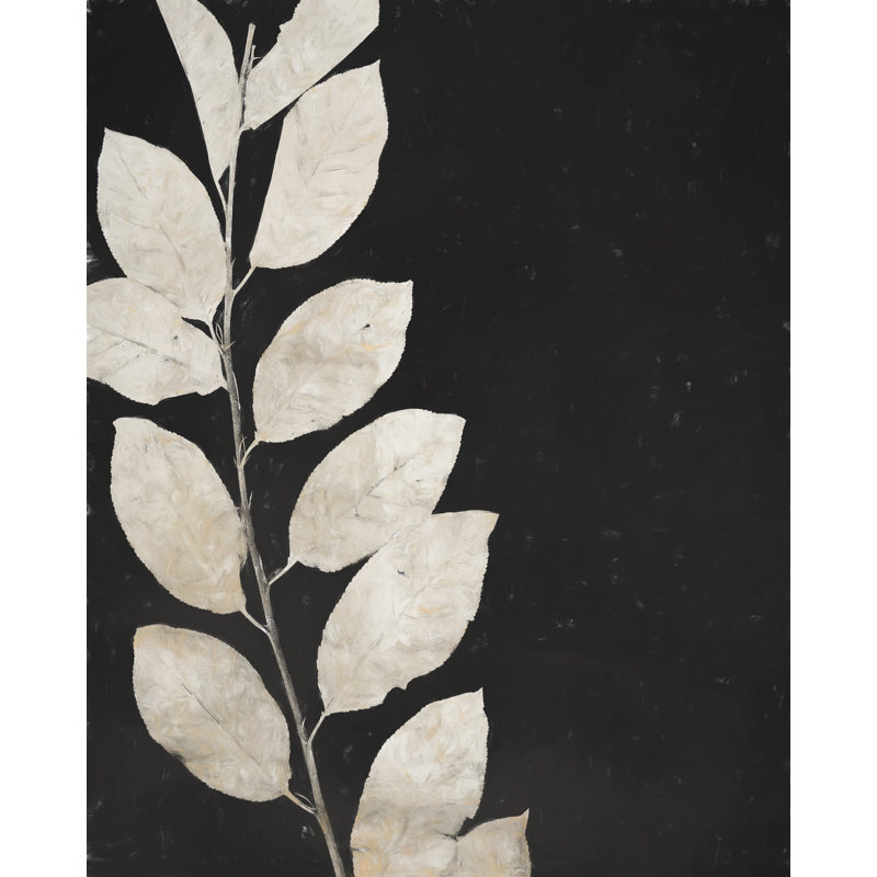 Tige feuillue noire et blanche - peinture sur toile tendue, H 36 po x l 24 po, Impression encadrée avec passe-partout, Noir