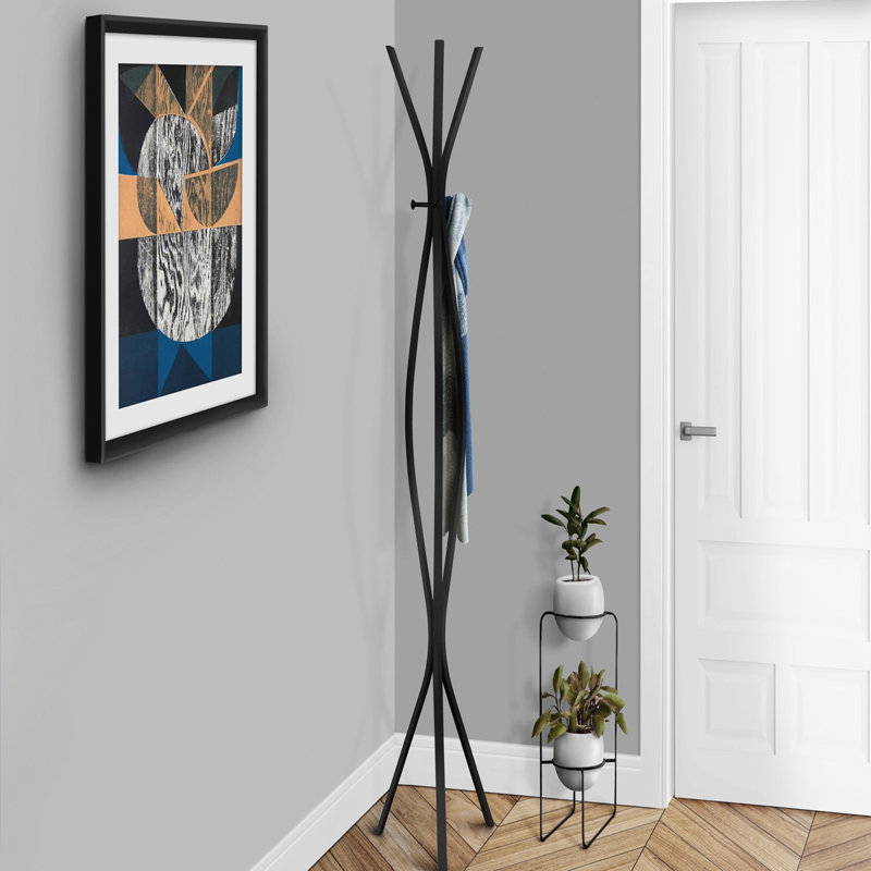 Coat Rack, Hall Tree, Free Standing, 3 Hooks, Entryway, 72"h, Bedroom, Black Metal, Contemporary, Modern