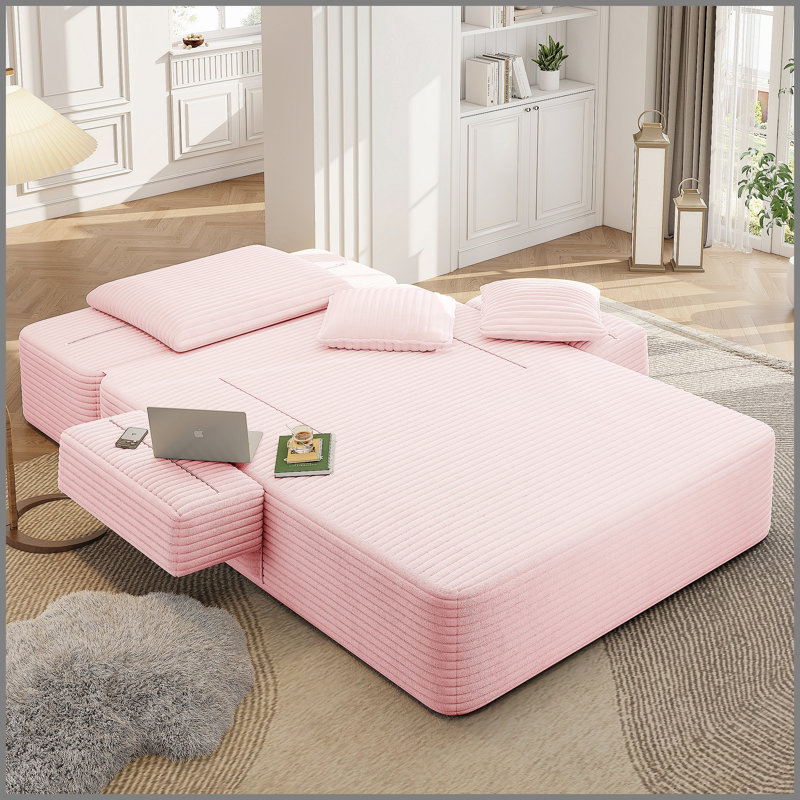 Luxueuse chaise longue en velours côtelé moelleux avec 3 coussins, canapé-lit convertible avec poche de rangement, conception sans cadre et mousse de compression pour les petits espaces, salon, appartement, rose bébé