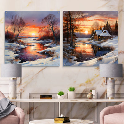 «Sunrise Charm In Winter - Sunrises Sunset», ensemble de 2 peintures murales en acrylique