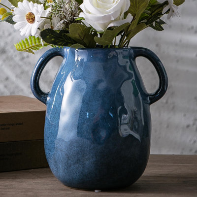 Blue Ceramic Vase With 2 Handles, Modern Farmhouse Vase For Home Decor, Rustic Pottery Vase, Decorative Terracotta Vase