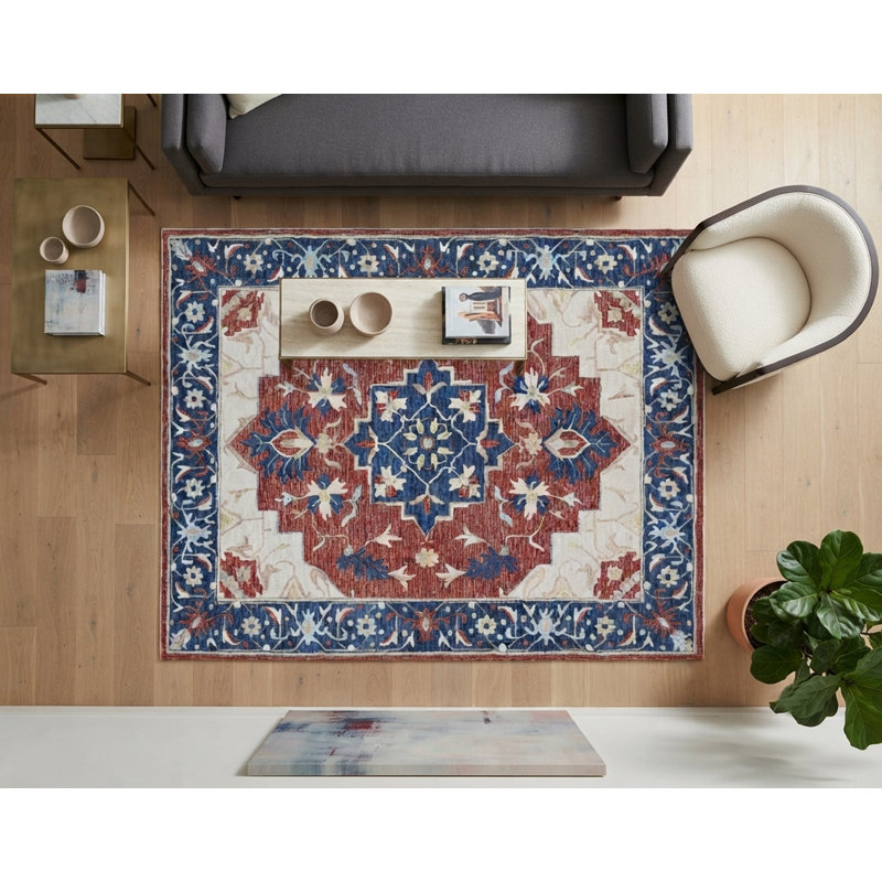 Tapis traditionnel en laine rouille et marine à motif médaillon, tufté à la main, motif médaillon