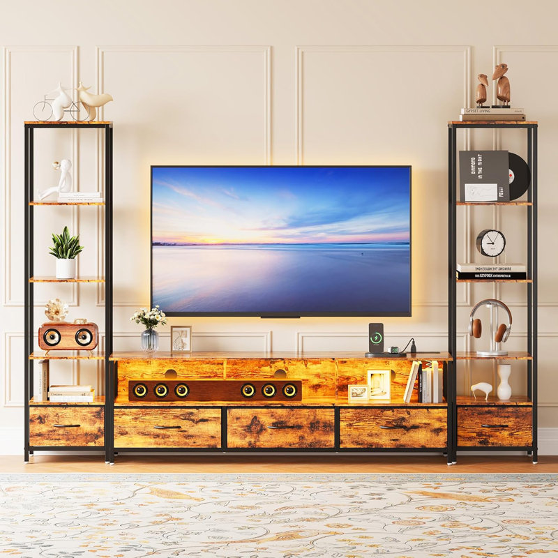 TV Stand with 5-Tier Bookshelf & 5 Fabric Drawers, Modern LED TV Console Table with Power Outlets