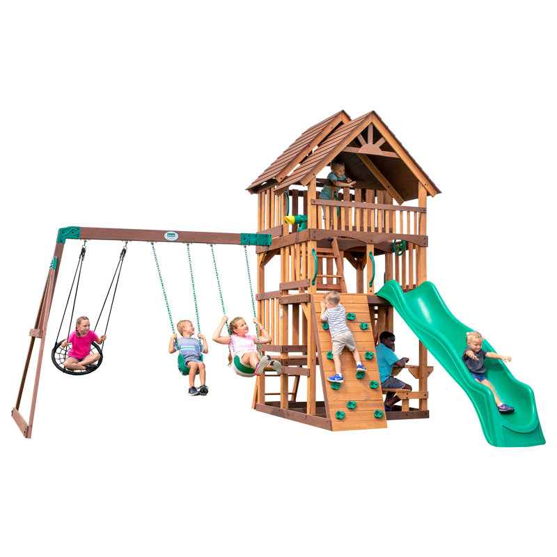 Backyard Discovery Highlander Cedar Wood Swing Set with Wave Slide, Three-Story Clubhouse, Rock Wall, and Picnic Table