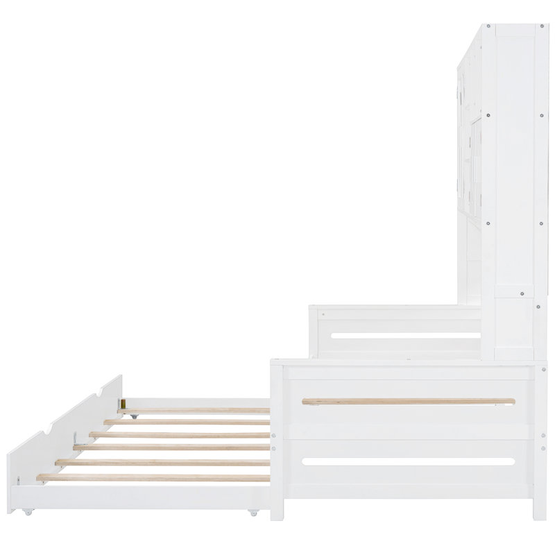 Lit de jour avec lit gigogne et tablette fonctionnelle - Structure en bois à la mode, Lit simple, Blanc