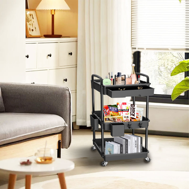 3 Tier Rolling Utility Cart With Drawer,Storage Cart,Rolling Cart Storage Organizer With Iron Wheels, Matte Black