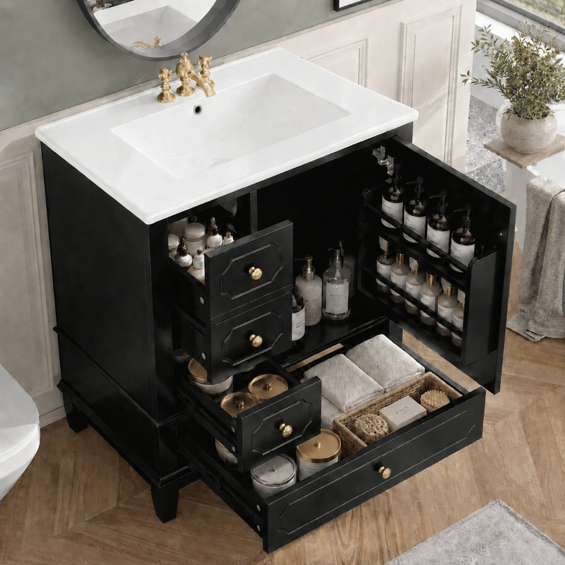 Meuble-lavabo autoportant de 30 po Velmori avec comptoir en céramique et rangement intelligent, Black, Satin Brass