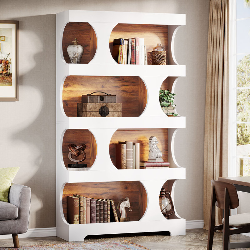 Bibliothèque à 4 niveaux, grande bibliothèque en bois 70,9 ", Jalal, White/Brown, 1