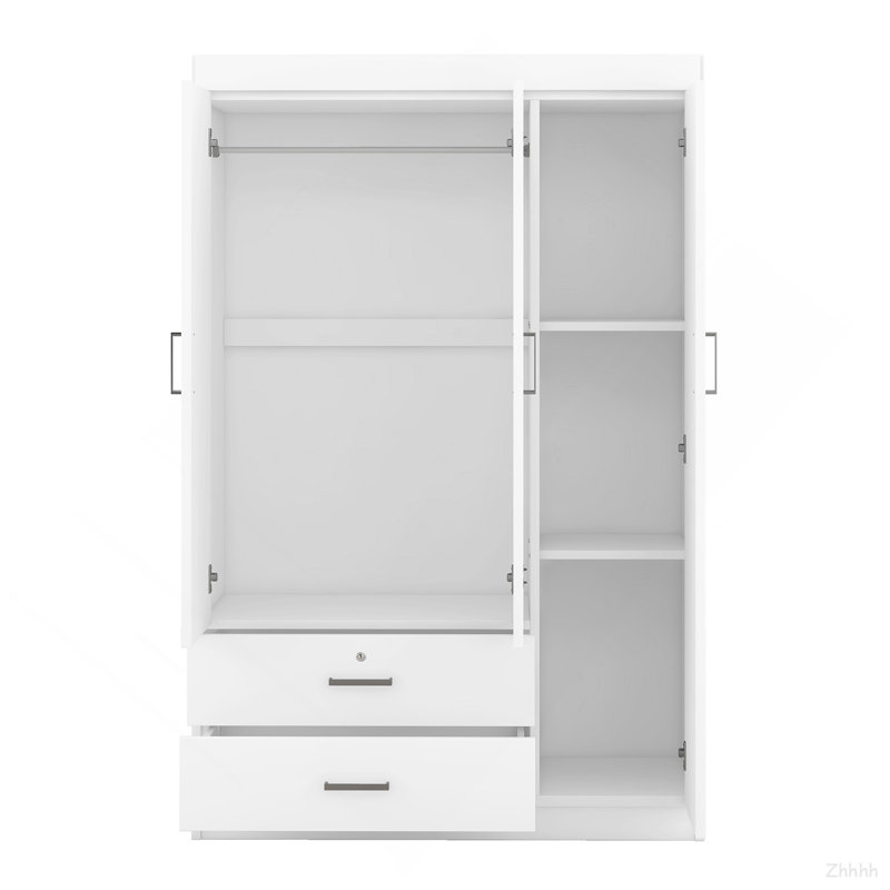 3-Door Mirror Wardrobe with shelves, White