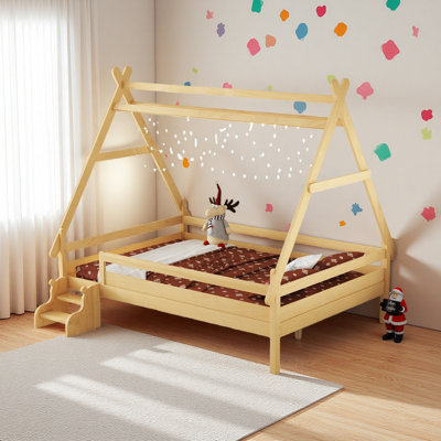 Lit plateforme House avec escalier, structure de lit simple en bois massif, profil bas et design amusant pour enfants