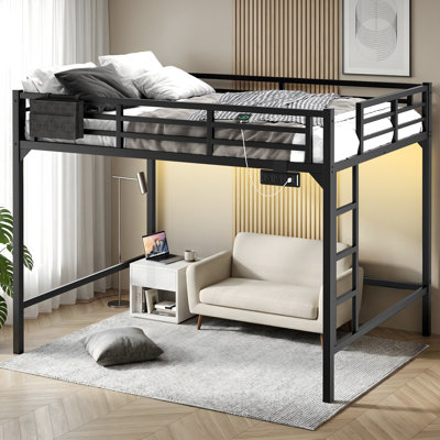 Queen Size Metal Loft Bed with Charging Station and LED Light, Space-Saving Design