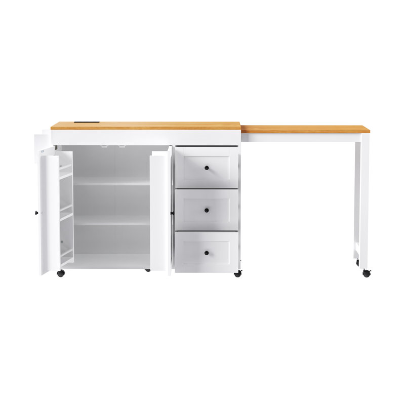 Îlot de cuisine 74,8 po avec table de salle à manger extensible, chariot de rangement de cuisine avec 3 tiroirs, prise de courant, îlot de cuisine sur roulettes avec support à épices et armoire à 2 portes, pour la cuisine