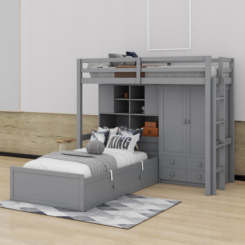 Lit superposé simple avec tiroirs, garde-robe, tablettes et hydraulique, Gris