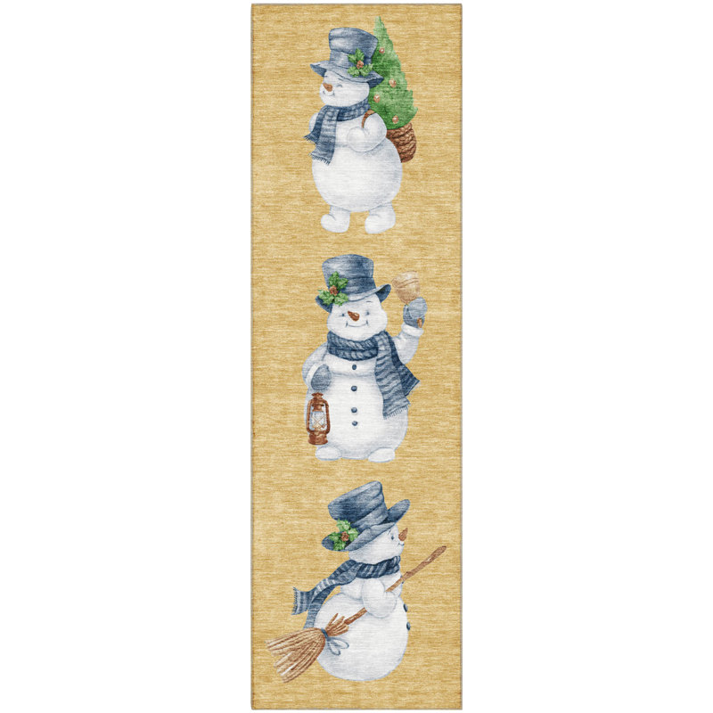 Premium Machine Washable Ingrassellino AMF1826 Happy Snowmen Holiday Rug, Runner 2'3" x 7'6"