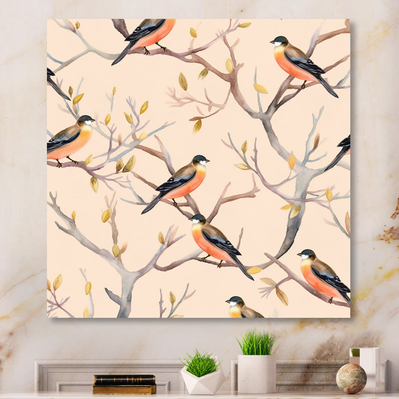 «Little Birds On The Tree Branches», reproduction d'art sur toile encadrée, Toile tendue, H 16 po x l 16 po x P 1 po