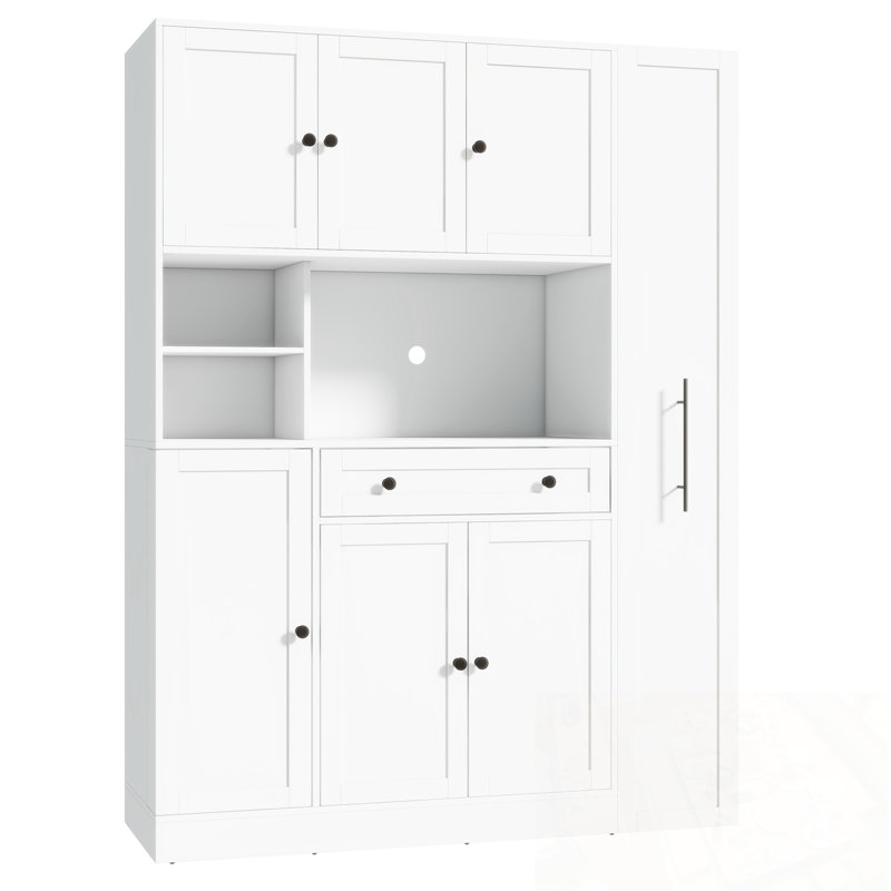 Garde-manger avec armoire latérale coulissante, tablettes de porte et tiroir, Blanc