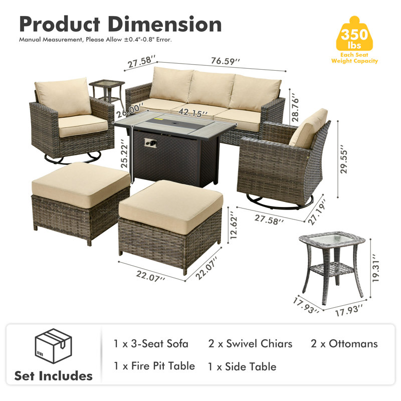 Ensemble de conversation de patio en osier / rotin 7 pièces avec chaises berçantes Harbin, Beige