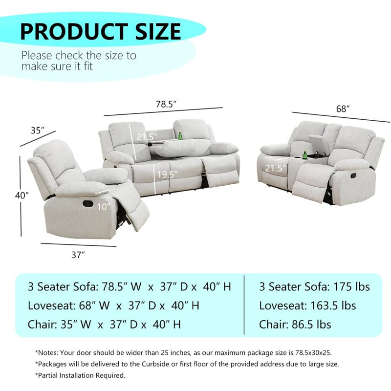 3-Piece Manual Reclining Living Room Sofa Set, Light Gray