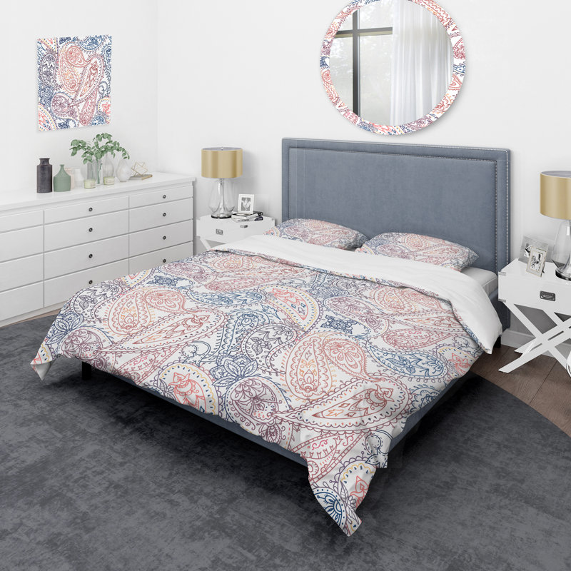 Paisley floral rose et bleu - Ensemble de housse de couette abstrait - Microfibre de polyester