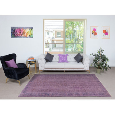 Tapis contemporain de 5,6 x 9 pi en mauve noué à la main en Turquie