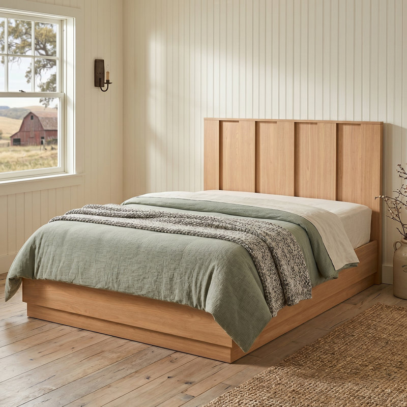 Lit plateforme moderne en bois avec tête de lit à panneau et rangement relevable, Lit double, Bois naturel