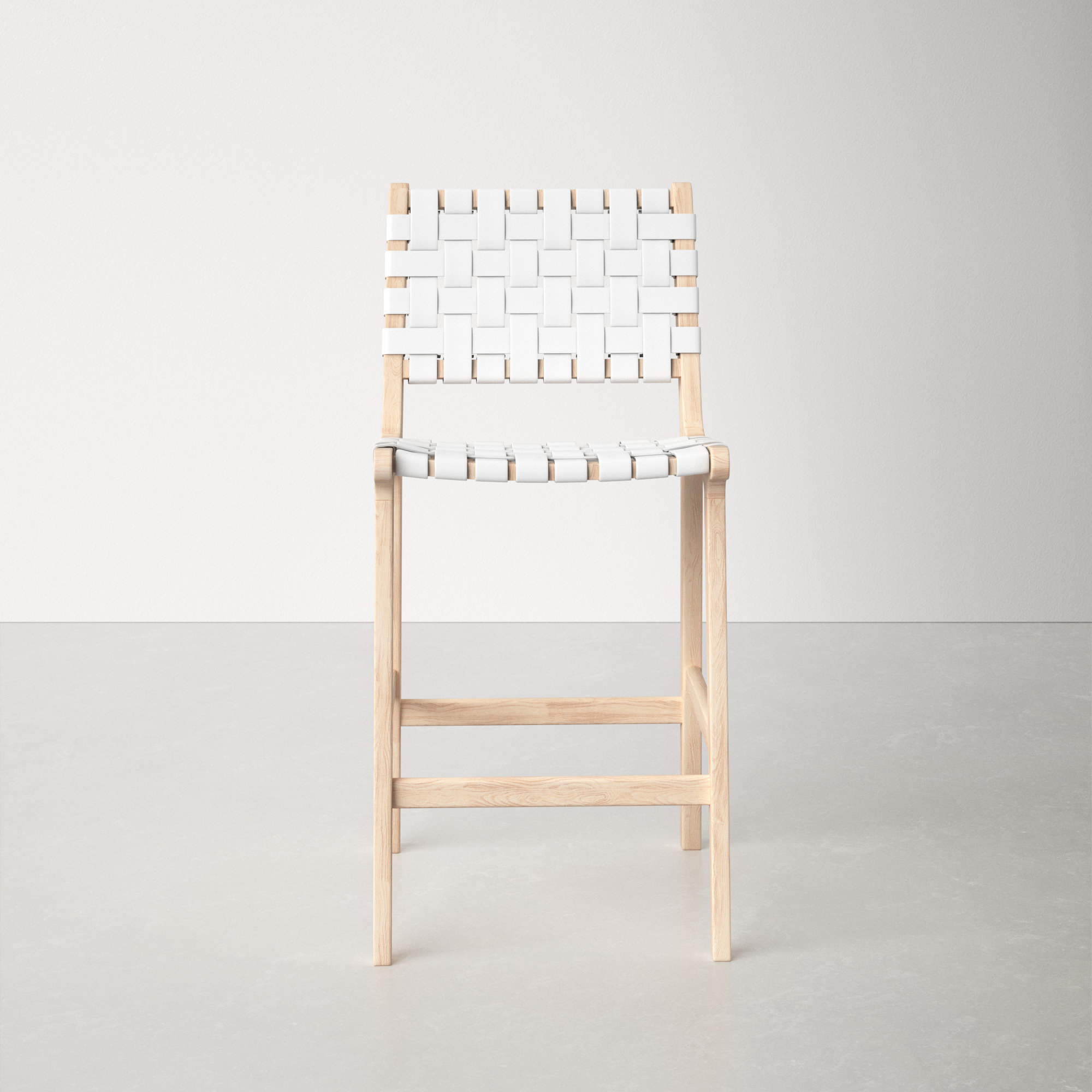 Alston Leather Stool, White Leather/Natural Unfinished Frame, Bar Stool (29.70" Seat Height)