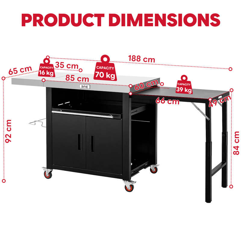  Stainless Steel Grill Table Cart With 2 Foldable Side Tables