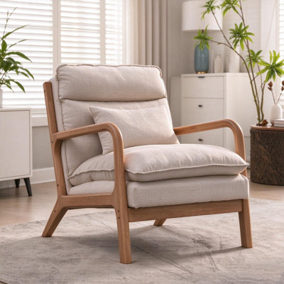 Linen Armchair with Lumbar Pillow, Solid Wood Frame Accent Chair, Cosy Reading Chair for Living Room