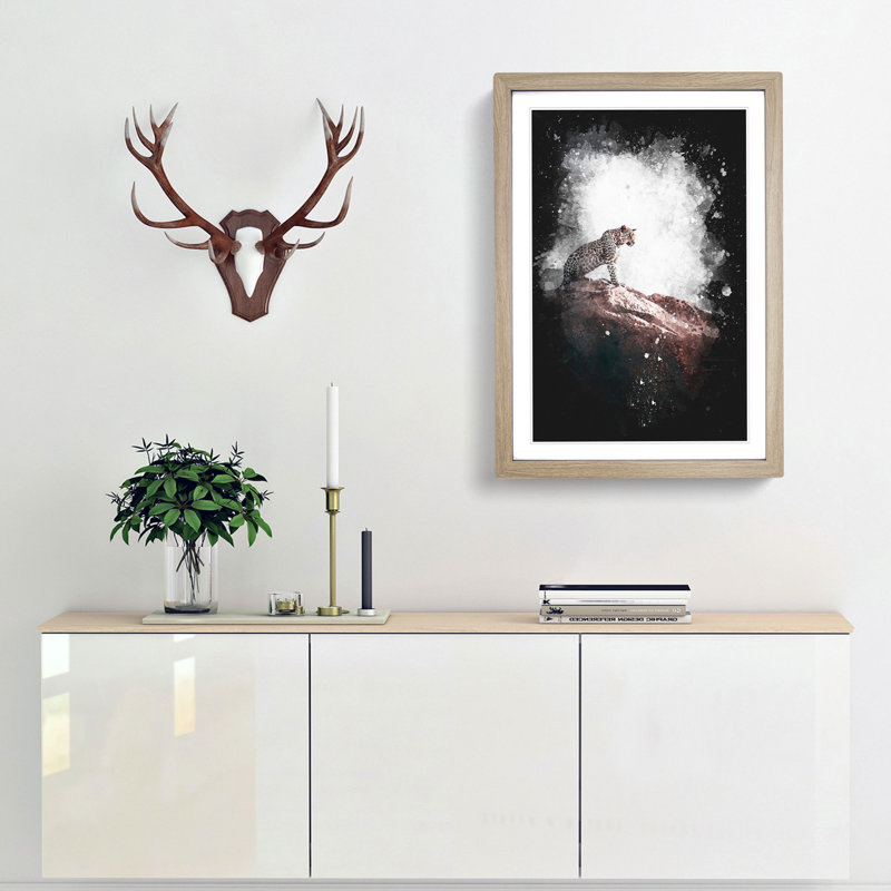 Leopard Upon The Rock Paint Splash - Picture Frame Graphic Art, 45cm H x 33cm W x 2cm D, Oak Framed
