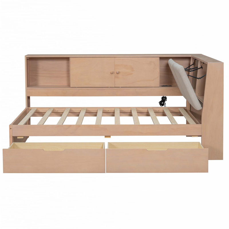 L-shaped Daybed Corner Bed Under-bed Drawers with USB Charging Ports, Natural, Twin