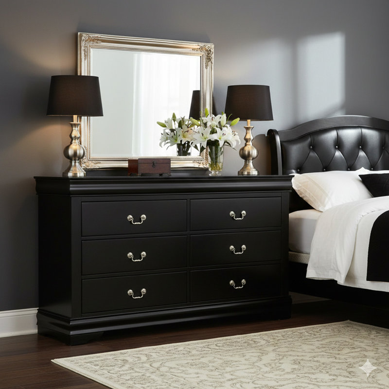Grande commode Ryla, 6 tiroirs, poignées en métal nickelé, bois massif noir