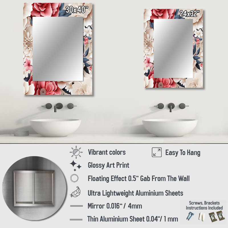 «Cliften», dentelle romantique rose et blanche murmure des fleurs - miroir décoratif floral, grand miroir mural floral, impression d'art en métal
