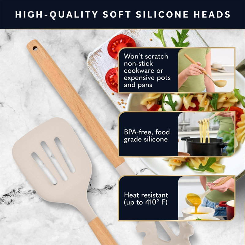 ColorLife 44 Pcs Silicone Kitchen Utensils Set, Non-Stick Silicone Cooking Utensils Set With Spatula, Wooden Handle Spatula, Silicone Kitchen Gadgets Utensil Set (44 Pcs - Stone)