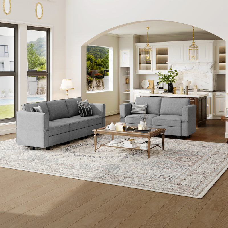 Canapé modulaire en velours Teangela, Light Grey Terry