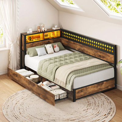 Lit de coin simple avec tiroirs de rangement, station de recharge, lampe DEL, lit de jour d'angle en L, cadre de lit plateforme en métal avec tête de lit bibliothèque pour chambre à coucher, sommier non requis, brun vintage