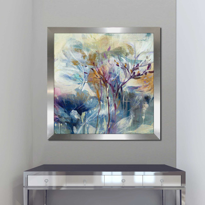 «Meadow Safran II» par K.Nari - Peinture, Encadrement argenté, H 37,5 po x l 37,5 po x P 1 po