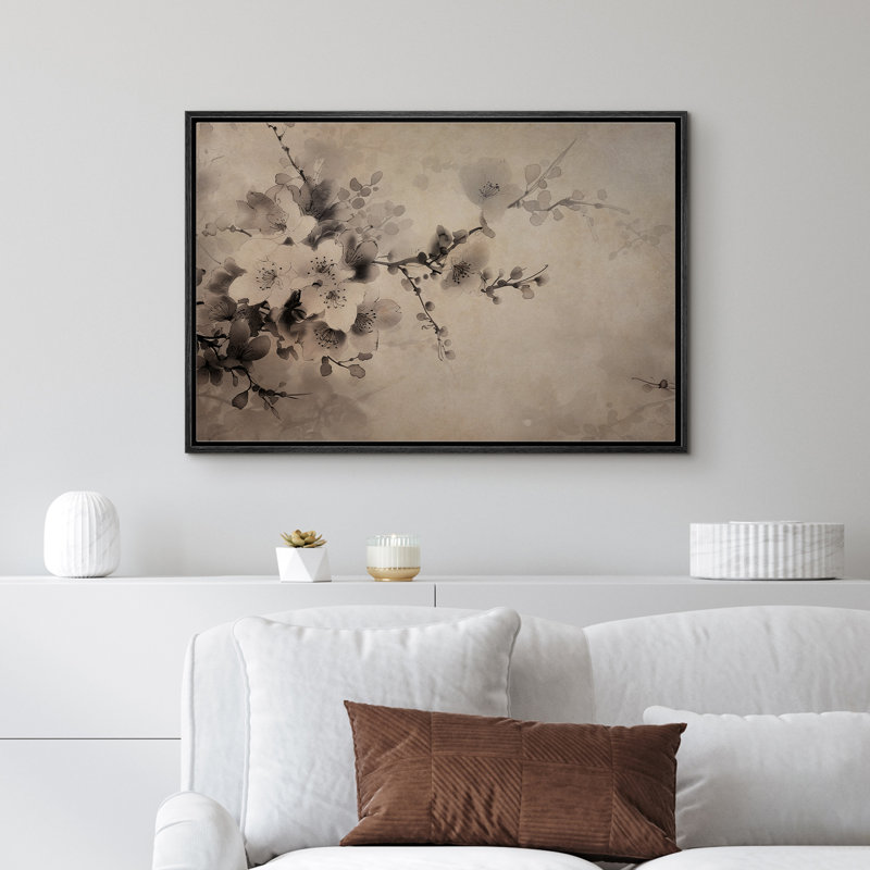 Fleurs grises sur une branche, illustrations florales sereines, campagne française, botanique, Noir, H 16 po x l 24 po