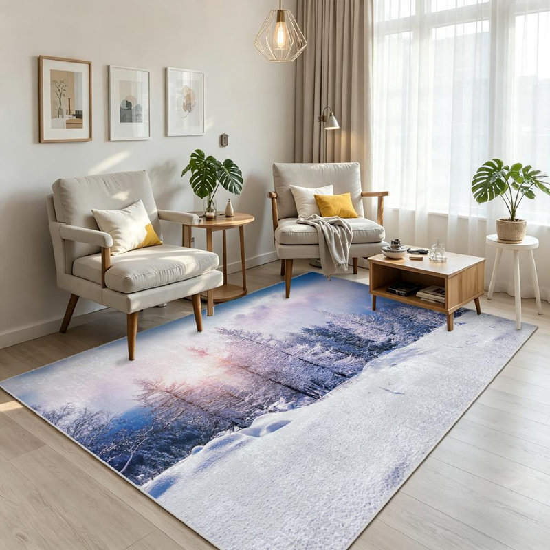 Clear Snow Trees Mountains Sunset Beautiful Winter Landscape Forest Creative Machine Washable Indoor Area Rug