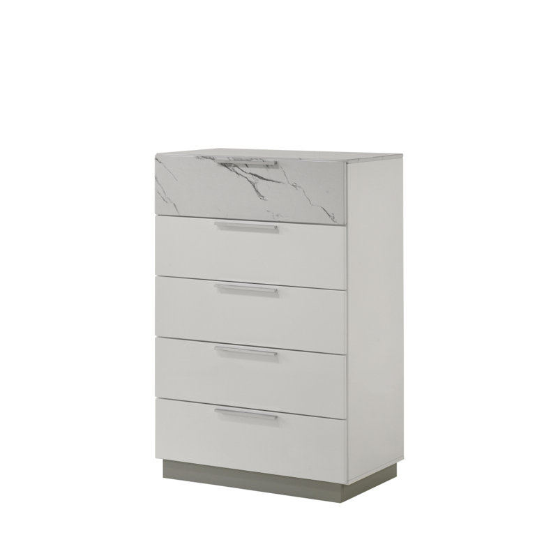 Commode Mist White - Finition bicolore très brillante en marbre et en laque avec cinq tiroirs à glissement lisse, tiroir supérieur doublé de velours Identique à B009P309329 (CA)