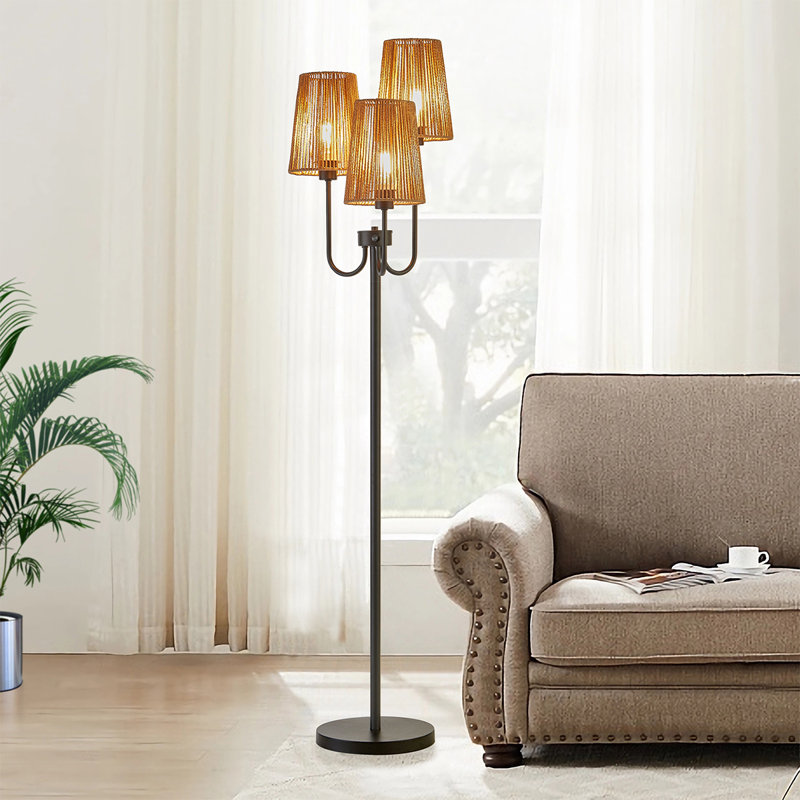 Karryn 65" 3-Light Tree Floor Lamp - Hemp String Shade - Black Metal