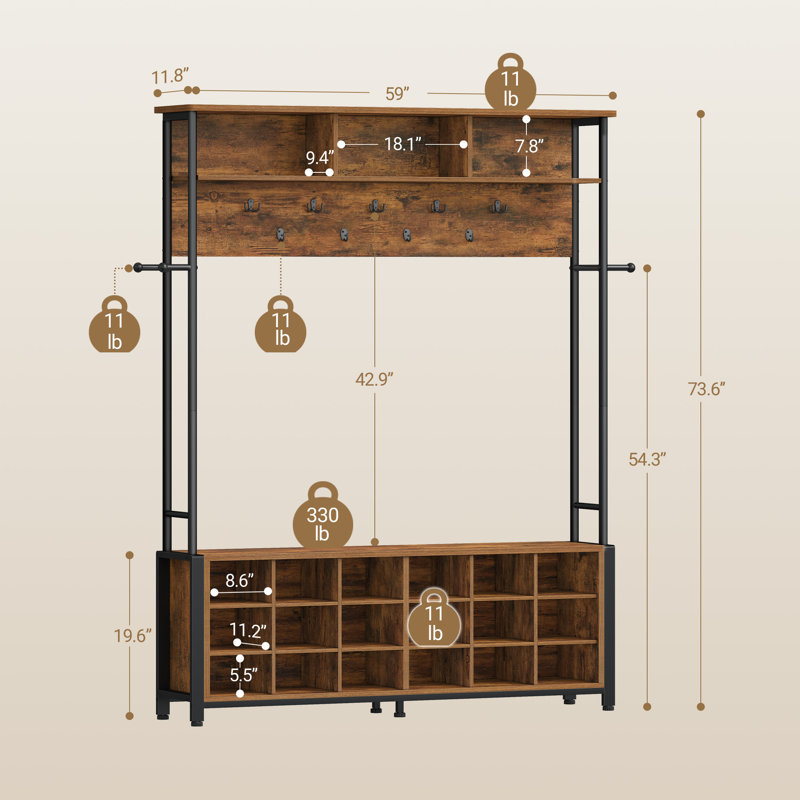 Hall Tree with Shoe Storage Bench, Entryway Bench with Coat Rack | Entryway Furniture with Shoe Cabinet, 5-in-1 Hall Tree with 13 Hooks,18 Storages Partitions Shoe Bench, Retro Brown