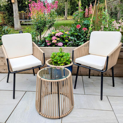 3 Piece Patio Rattan Bistro Set, Outdoor All Weather PE Wicker Conversation Furniture Set with 2 Chairs & Tempered Glass Top Table & Cushions