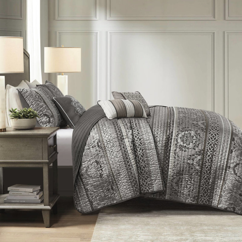6 - Piece King/ King Quilt With Grey, 2 Shams, 3 Throw Pillows, Leaf Motifs, Gold Pops, Reversible Design Grey , Patterns, Material, Styling