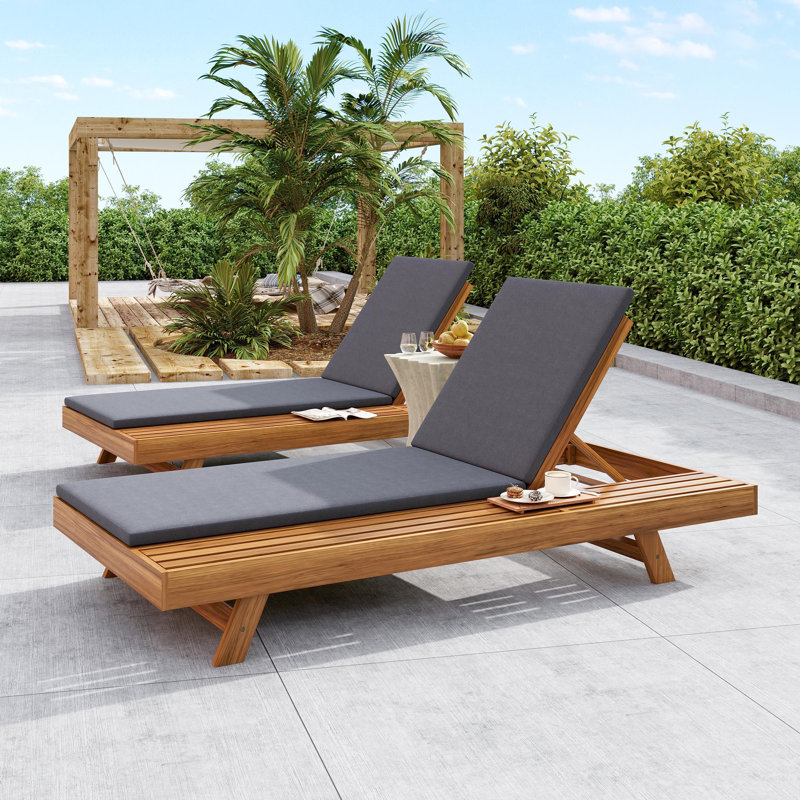 Erich Patio Acacia Wood Chaise Lounge With Adjustable Backrest & Triple-Fold Cushion, Dark Gray