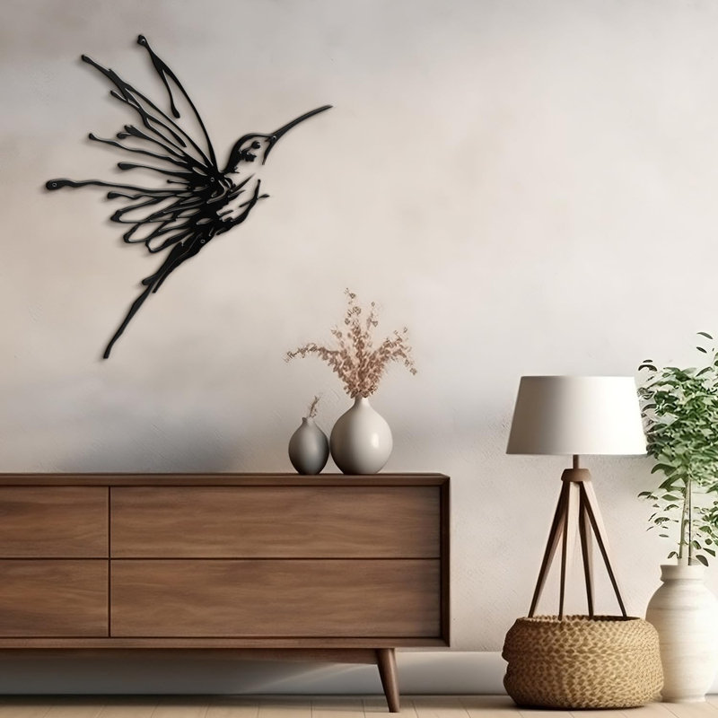 Elegant Flying Humming Bird, Modern Living Room Wall Sculpture, Black Gold Metal Wall Art Home Decor, 24" H x 24" W x 0.05" D