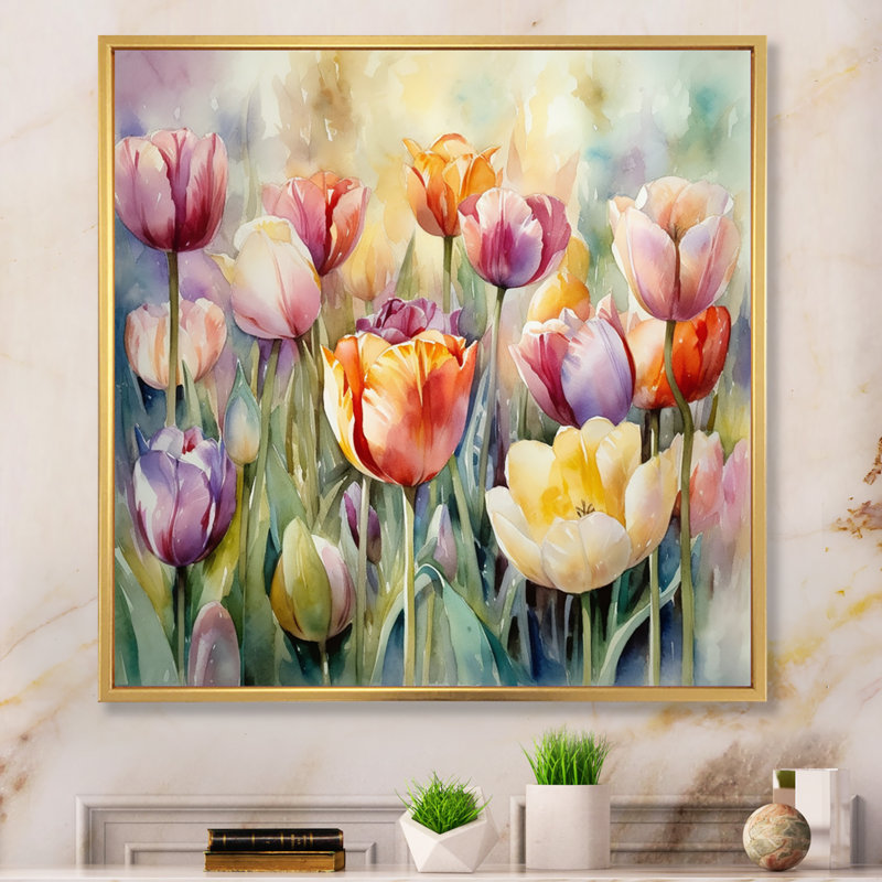 Jardin des tulipes - art mural tulipe, H 36 po x l 36 po x P 1,5 po, Cadre flottant doré
