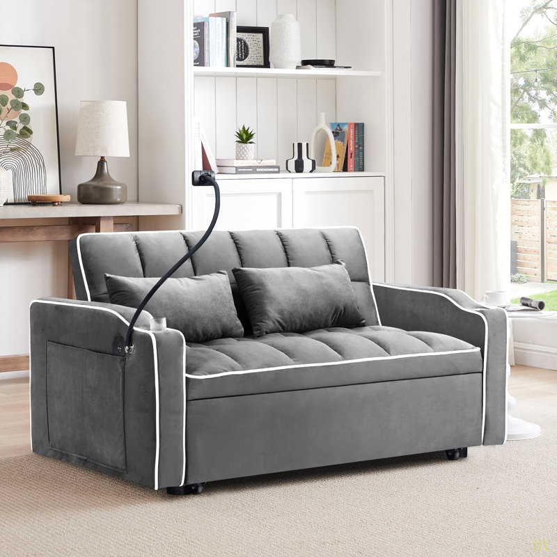 Canapé-lit coulissant multifonctionnel, 3 longueurs, canapé-lit moderne en velours, dossier réglable, avec port USB, cendrier et support pour téléphone pivotant